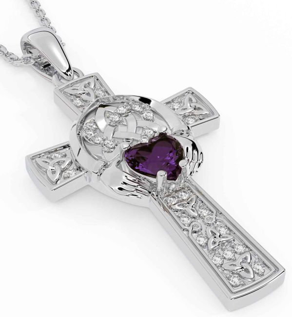 Diamond Alexandrite White Gold Claddagh Trinity Knot Celtic Cross Necklace