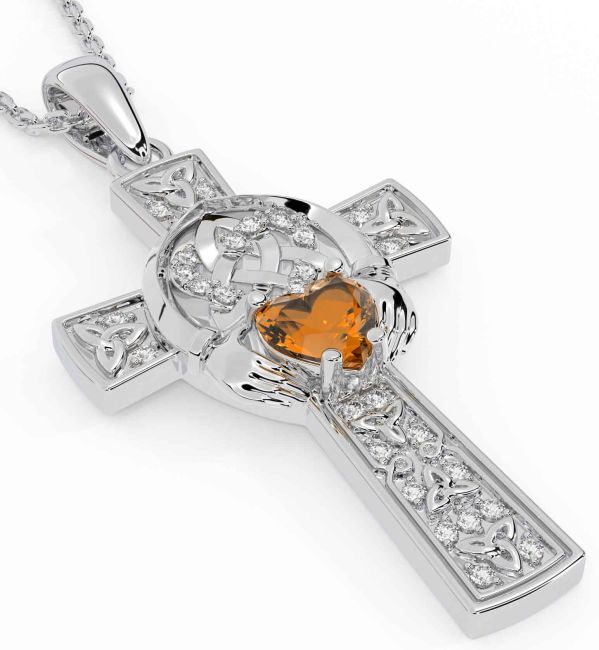 Diamond Citrine White Gold Claddagh Trinity Knot Celtic Cross Necklace