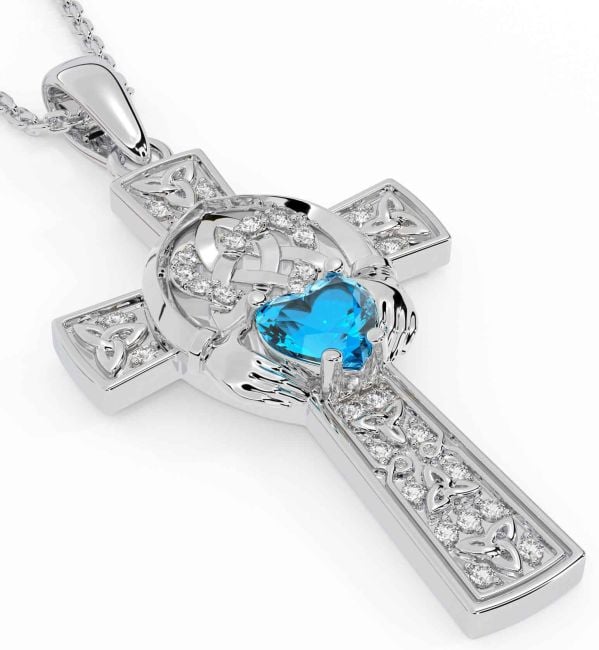 Diamond Topaz White Gold Claddagh Trinity Knot Celtic Cross Necklace