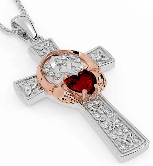 Diamond Garnet White Rose Gold Claddagh Trinity Knot Celtic Cross Necklace