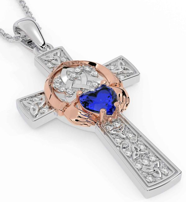 Diamond Sapphire White Rose Gold Claddagh Trinity Knot Celtic Cross Necklace