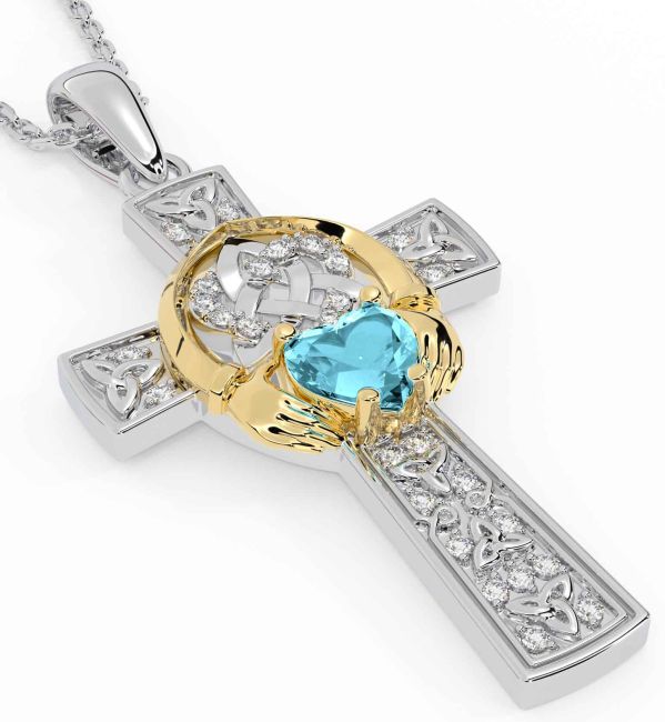 Diamond Aquamarine White Yellow Gold Claddagh Trinity Knot Celtic Cross Necklace