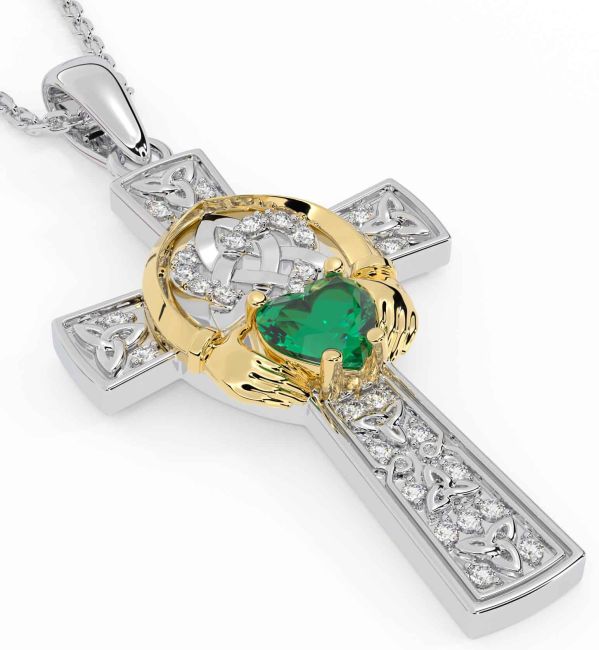 Diamond Emerald White Yellow Gold Claddagh Trinity Knot Celtic Cross Necklace