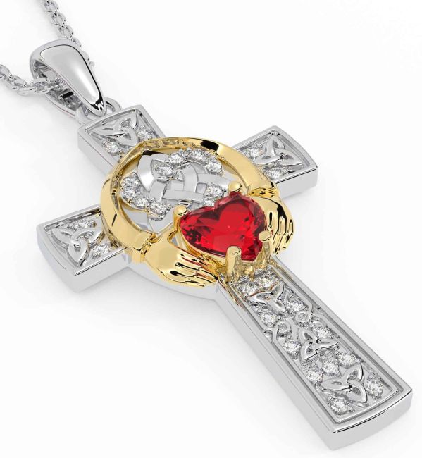 Diamond Ruby White Yellow Gold Claddagh Trinity Knot Celtic Cross Necklace