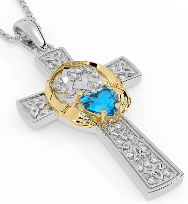 Diamond Topaz White Yellow Gold Claddagh Trinity Knot Celtic Cross Necklace