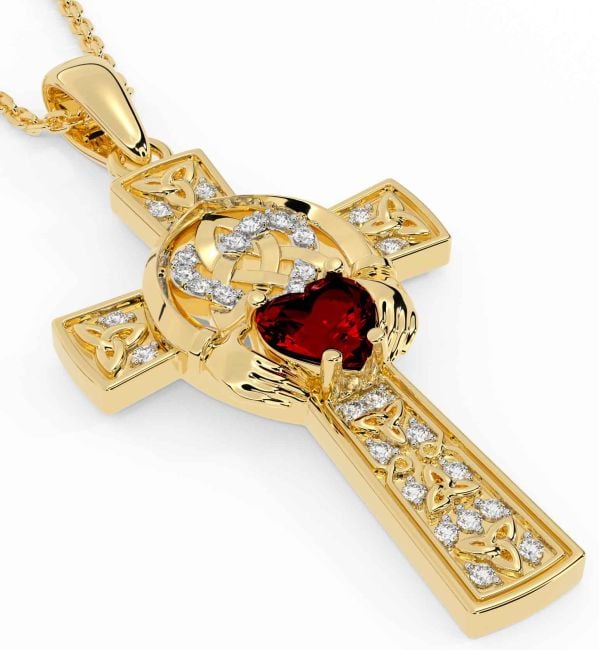 Diamond Garnet Gold Claddagh Trinity Knot Celtic Cross Necklace