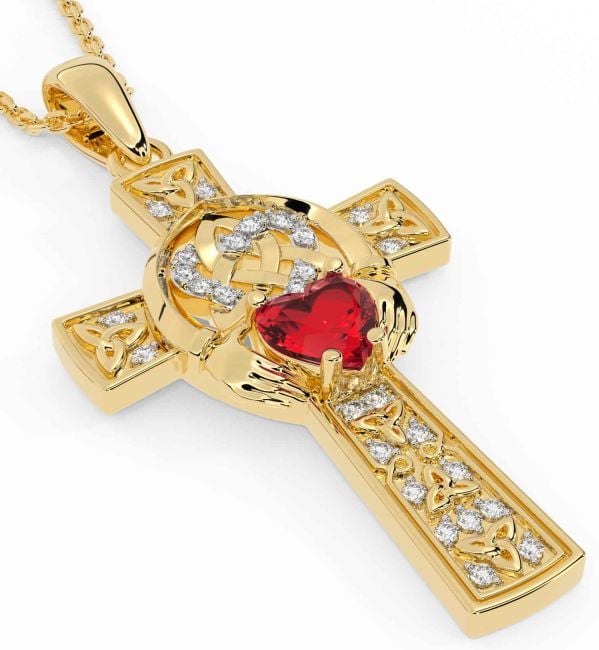 Diamond Ruby Gold Claddagh Trinity Knot Celtic Cross Necklace