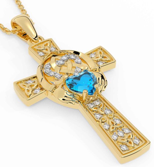 Diamond Topaz Gold Claddagh Trinity Knot Celtic Cross Necklace