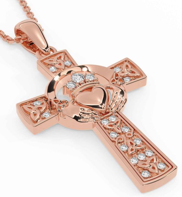 Diamond Rose Gold Silver Claddagh Trinity Knot Celtic Cross Necklace