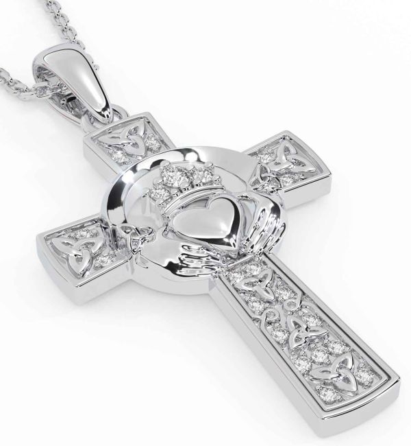Diamond White Gold Claddagh Trinity Knot Celtic Cross Necklace