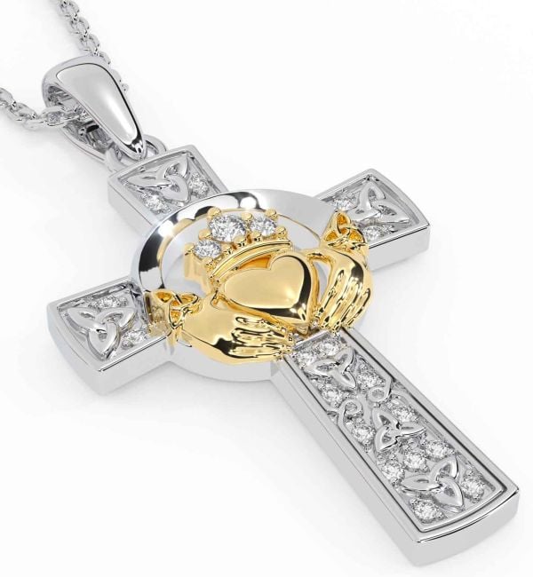 Diamond White Yellow Gold Claddagh Trinity Knot Celtic Cross Necklace