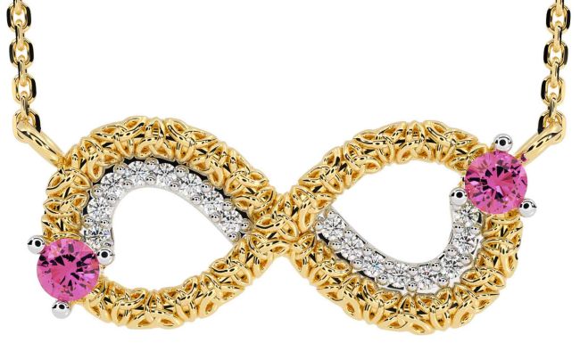 Diamond Pink Tourmaline Gold Silver Celtic Trinity Knot Infinity Necklace