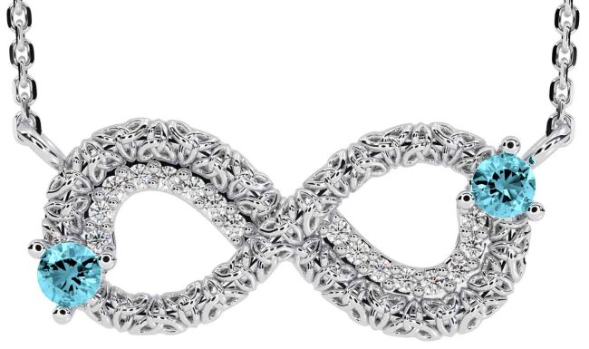 Diamond Aquamarine Silver Celtic Trinity Knot Infinity Necklace