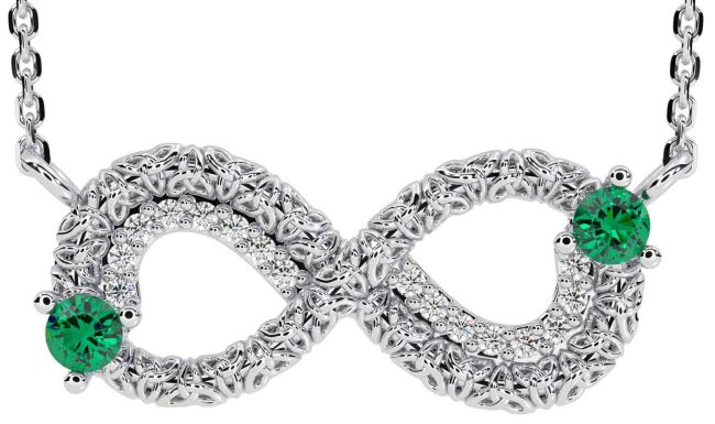 Diamond Emerald Silver Celtic Trinity Knot Infinity Necklace