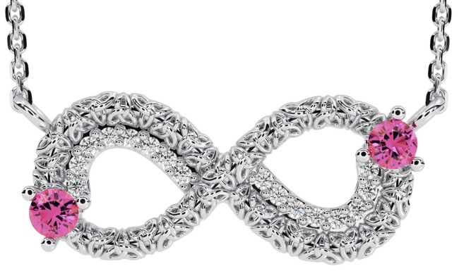 Diamond Pink Tourmaline Silver Celtic Trinity Knot Infinity Necklace