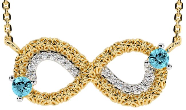 Diamond Aquamarine Gold Celtic Trinity Knot Infinity Necklace