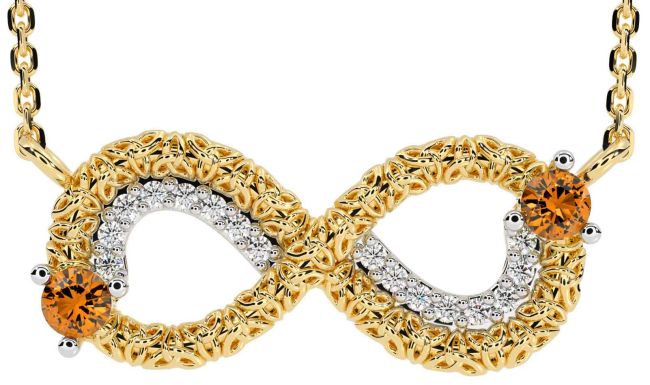Diamond Citrine Gold Celtic Trinity Knot Infinity Necklace
