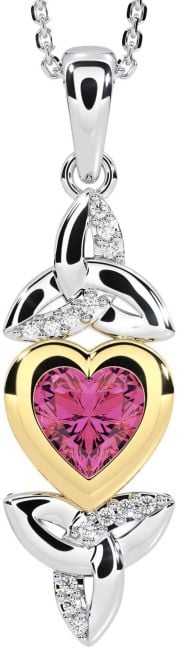 Diamond Pink Tourmaline Gold Silver Celtic Trinity Knot Heart Necklace