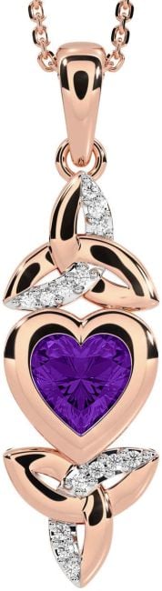 Diamond Amethyst Rose Gold Celtic Trinity Knot Heart Necklace