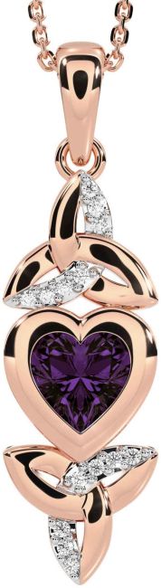 Diamond Alexandrite Rose Gold Celtic Trinity Knot Heart Necklace