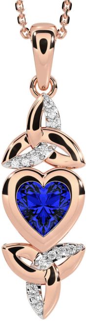 Diamond Sapphire Rose Gold Celtic Trinity Knot Heart Necklace