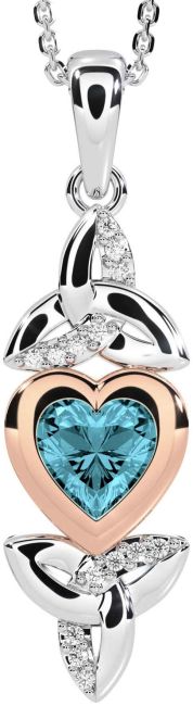 Diamond Aquamarine Rose Gold Silver Celtic Trinity Knot Heart Necklace