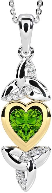 Diamond Peridot Gold Silver Celtic Trinity Knot Heart Necklace