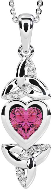 Turmalina roz diamant Nod Celtic Trinity din aur alb Colier de inimă