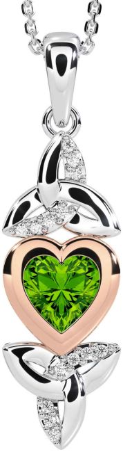 Diamond Peridot White Rose Gold Celtic Trinity Knot Heart Necklace