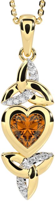 Diamond Citrine Gold Celtic Trinity Knot Heart Necklace