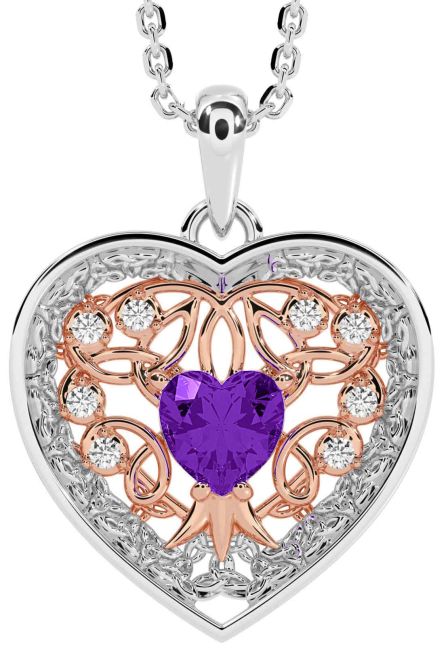 Diamond Amethyst Rose Gold Silver Celtic Tree of Life Trinity Knot Heart Necklace