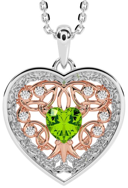 Diamond Peridot Rose Gold Silver Celtic Tree of Life Trinity Knot Heart Necklace