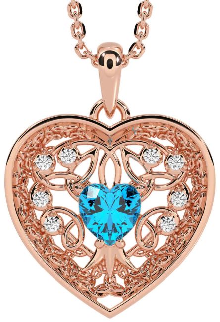 Diamond Topaz Rose Gold Silver Celtic Tree of Life Trinity Knot Heart Necklace