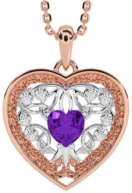 Diamond Amethyst Rose Gold Silver Celtic Tree of Life Trinity Knot Heart Necklace