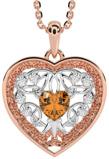 Diamond Citrine Rose Gold Silver Celtic Tree of Life Trinity Knot Heart Necklace