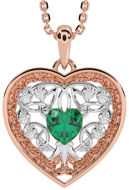 Diamond Emerald Rose Gold Silver Celtic Tree of Life Trinity Knot Heart Necklace
