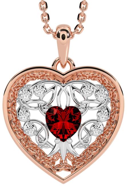 Diamond Garnet Rose Gold Silver Celtic Tree of Life Trinity Knot Heart Necklace