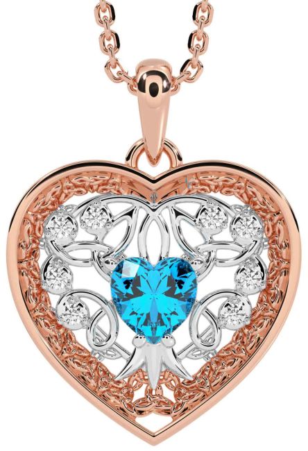 Diamond Topaz Rose Gold Silver Celtic Tree of Life Trinity Knot Heart Necklace