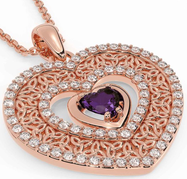 Diamond Alexandrite Rose Gold Celtic Trinity Knot Heart Necklace