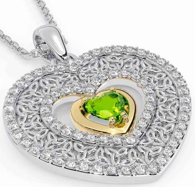 Diamond Peridot White Yellow Gold Celtic Trinity Knot Heart Necklace