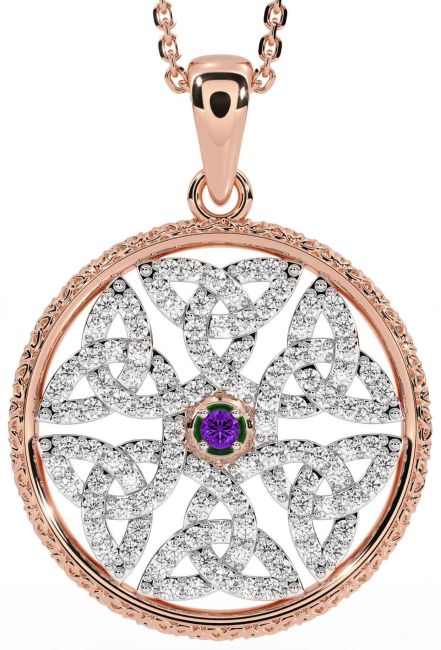 Diamond Amethyst Rose Gold Silver Celtic Trinity Knot Necklace