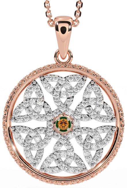 Diamond Citrine Rose Gold Silver Celtic Trinity Knot Necklace