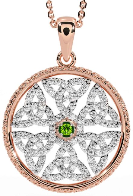 Diamond Peridot Rose Gold Silver Celtic Trinity Knot Necklace