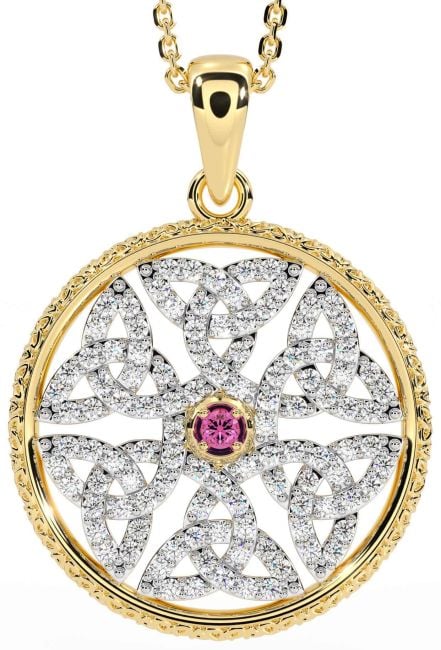 Diamond Pink Tourmaline Gold Silver Celtic Trinity Knot Necklace
