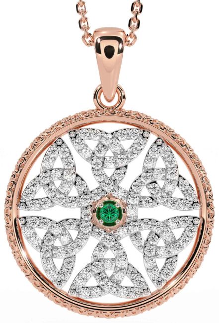 Diamond Emerald Rose Gold Celtic Trinity Knot Necklace