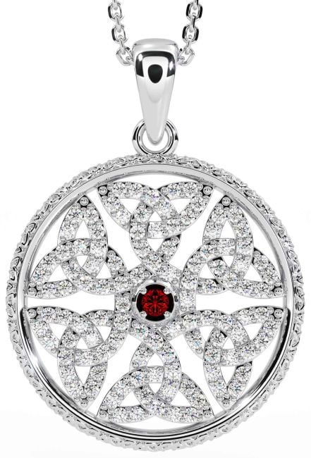 Diamond Garnet Silver Celtic Trinity Knot Necklace