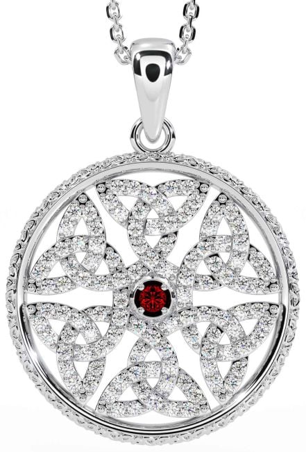 Diamond Garnet White Gold Celtic Trinity Knot Necklace