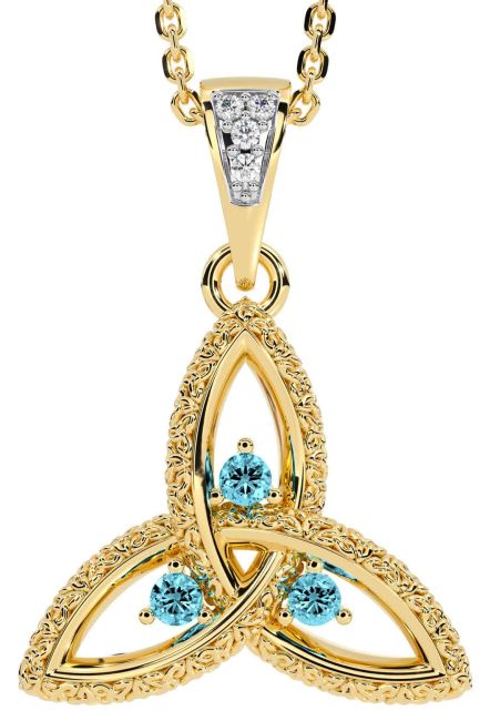 Diamond Aquamarine Gold Silver Celtic Trinity Knot Necklace
