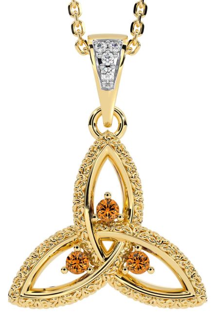 Diamond Citrine Gold Silver Celtic Trinity Knot Necklace