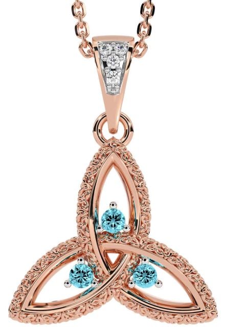 Diamond Aquamarine Rose Gold Celtic Trinity Knot Necklace